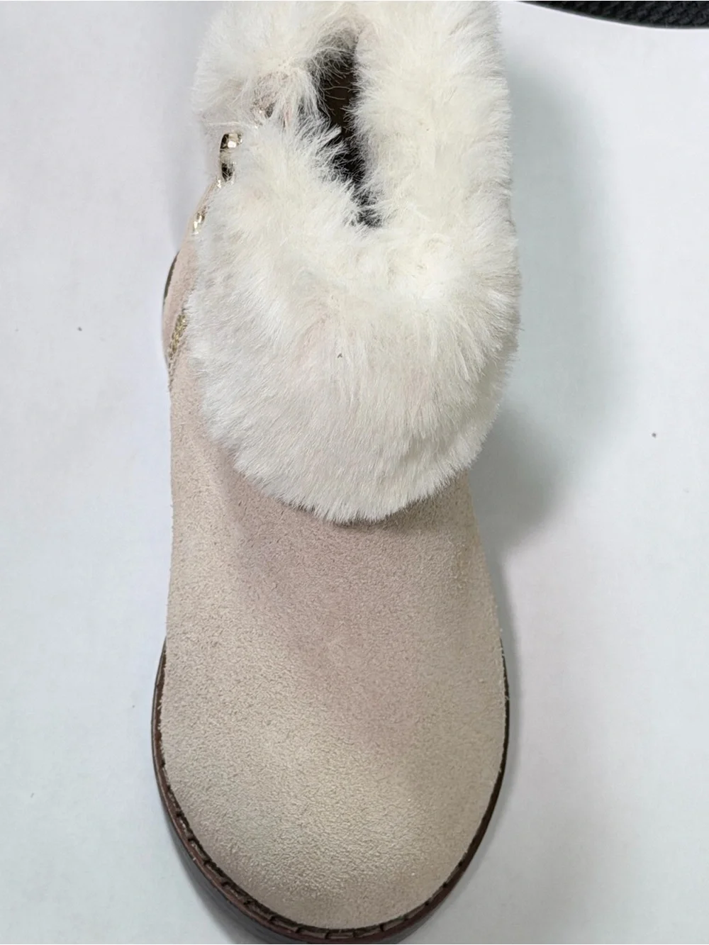 Janie and Jack Light Khaki Faux Fur Cuff Ankle Boots with Gold Zipper